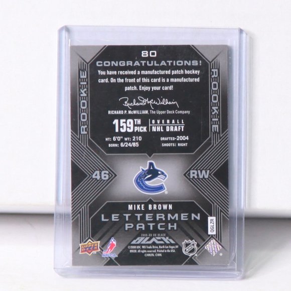 Mike Brown UD Black Lettermen Patch Card 2008/09 Vancouver Canucks 179/399 - Picture 2 of 2